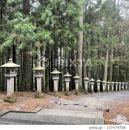 秩父にある三峰神社の参道に並ぶ石灯籠 137479786