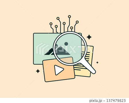 AI content detector platform, machine learning system analyzing text, image and video authenticity for synthetic media detection. Digital content verification, online moderation tools illustration 137479823