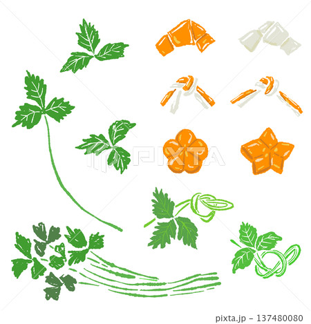 三つ葉と飾り切り野菜のセットイラスト 137480080