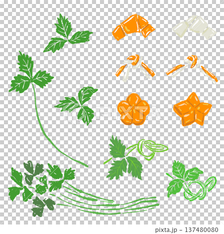 三つ葉と飾り切り野菜のセットイラスト 137480080