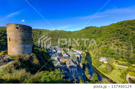 Esch-sur-Sure, Wiltz, Grand-Duche de Luxembourg, September 07, 2025, Perched stone tower amidst Esch-sur-Sure, Wiltz, Grand-Duche de Luxembourg, September 07, 2025, Perched stone tower amidst 137480124