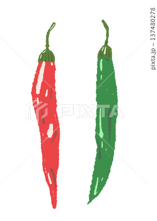 赤唐辛子と青唐辛子（ペア）の手描きイラスト素材 137480278