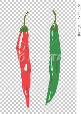 赤唐辛子と青唐辛子（ペア）の手描きイラスト素材 137480278
