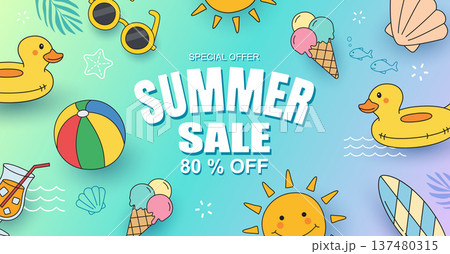 Summer sale promotion banner and big discount special offer with colorful doodle hand drawn beach items. 137480315