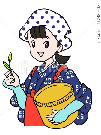 お茶の摘み方についてこつを教えてくれる早乙女姿の女性 137480438