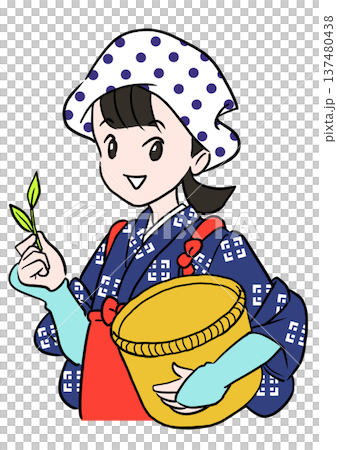 お茶の摘み方についてこつを教えてくれる早乙女姿の女性 137480438