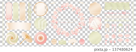 春の古風な和のフレームと桜と和傘のグラデーション素材セット 137480624