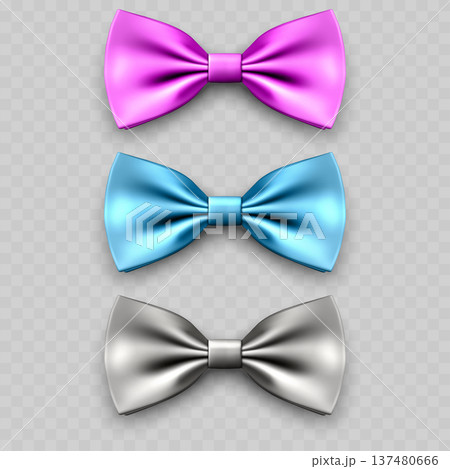 Realistic Satin Bow Tie Set. Vector Pink, Blue and Silver Silk Knots for Party or Formal Suit. Realistic Satin Bow Tie Set. Vector Pink, Blue and Silver Silk Knots for Party or Formal Suit. 137480666