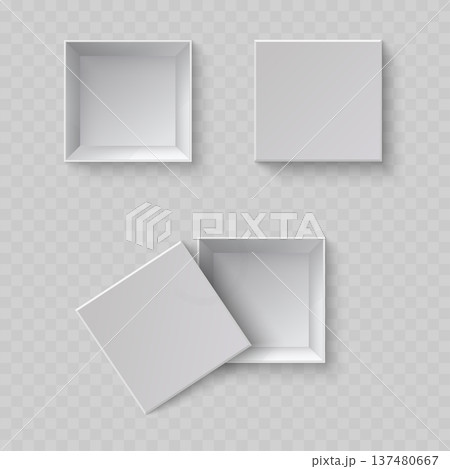 Realistic White Square Box Mockup Set Top View. Vector Open and Closed Blank Packaging Template. 137480667