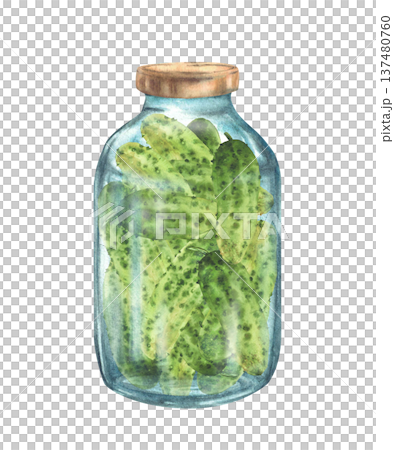 Pickled, canned cucumbers in glass jar. Watercolor hand painted preservation food illustration isolated from background for recipes for marinating garden vegetables and rustic label, packaging design Pickled, canned cucumbers in glass jar. Watercolor hand painted preservation food illustration isolated from background for recipes for marinating garden vegetables and rustic label, packaging design 137480760