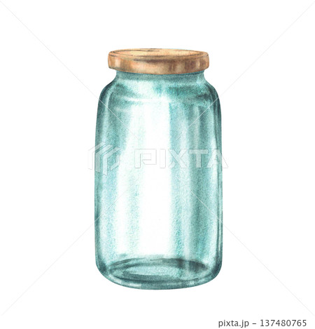 Glass jar with a gold lid. Realistic watercolor hand painted old glassware, bottle, Empty containers for storage or preservation. Illustration isolated from background for kitchen household, farmhouse Glass jar with a gold lid. Realistic watercolor hand painted old glassware, bottle, Empty containers for storage or preservation. Illustration isolated from background for kitchen household, farmhouse 137480765