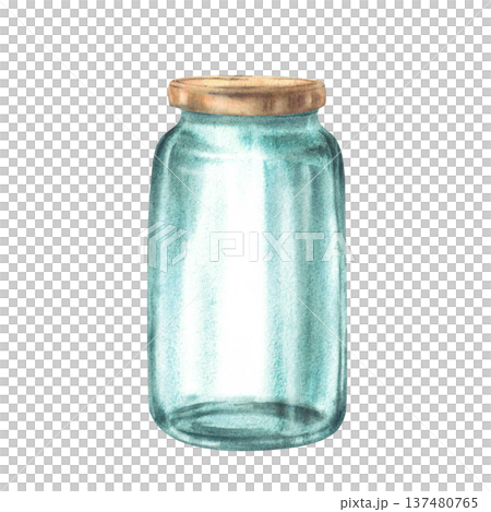 Glass jar with a gold lid. Realistic watercolor hand painted old glassware, bottle, Empty containers for storage or preservation. Illustration isolated from background for kitchen household, farmhouse Glass jar with a gold lid. Realistic watercolor hand painted old glassware, bottle, Empty containers for storage or preservation. Illustration isolated from background for kitchen household, farmhouse 137480765