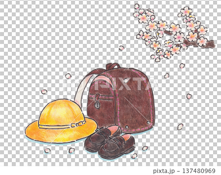 書包、黃色帽子和櫻花的插圖 137480969