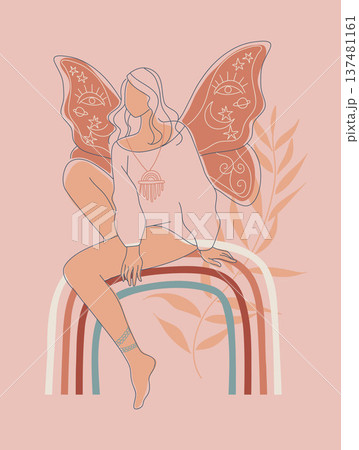Boho style woman hand drawn abstract simple line, Female with butterfly wings with sacred magic is sitting and the nature of tropical leaves. Symbol of mystery in minimal linear style. Vector Boho style woman hand drawn abstract simple line, Female with butterfly wings with sacred magic is sitting and the nature of tropical leaves. Symbol of mystery in minimal linear style. Vector 137481161