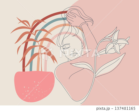 Female portrait and nature of tropical flower, Boho style woman hand drawn abstract simple line, Symbol of mystery in minimal linear. Vector design illustration. 137481165