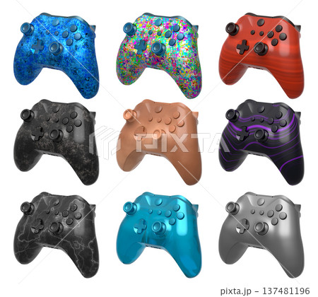 Collection of gaming controllers isolated on white background with clipping path Collection of gaming controllers isolated on white background with clipping path 137481196