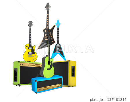Set of electric acoustic guitars and amplifiers on white background 137481213