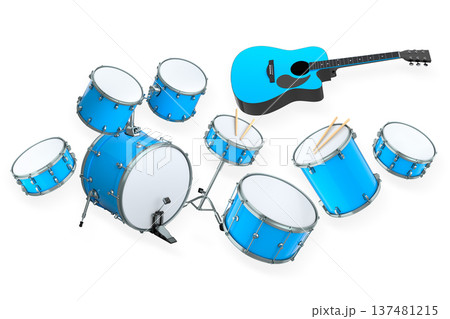 Set of electric acoustic guitars and drums with cymbals on white background Set of electric acoustic guitars and drums with cymbals on white background 137481215