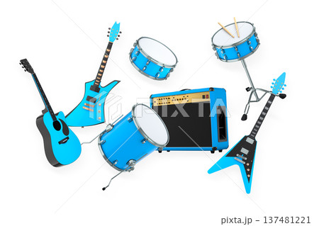 Set of electric acoustic guitars and drums with cymbals on white background 137481221