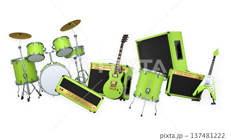 Set of electric acoustic guitars and drums with cymbals on white background 137481222