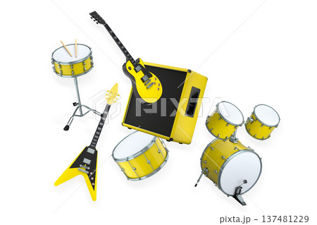 Set of electric acoustic guitars and drums with cymbals on white background Set of electric acoustic guitars and drums with cymbals on white background 137481229
