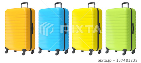 Set of luggage with beach accessories for summer holidays on white background. 137481235