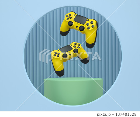 Colorful gaming controllers joystick levitating over podium against abstract background, minimalist concept device on pedestal Colorful gaming controllers joystick levitating over podium against abstract background, minimalist concept device on pedestal 137481329