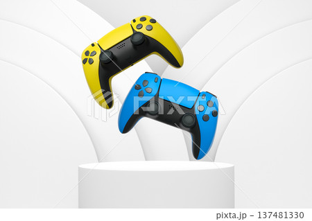 Colorful gaming controllers joystick levitating over podium against abstract background, minimalist concept device on pedestal Colorful gaming controllers joystick levitating over podium against abstract background, minimalist concept device on pedestal 137481330