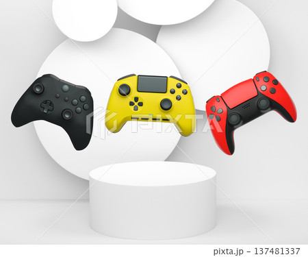 Colorful gaming controllers joystick levitating over podium against abstract background, minimalist concept device on pedestal Colorful gaming controllers joystick levitating over podium against abstract background, minimalist concept device on pedestal 137481337