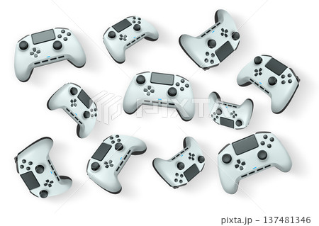 Wireless gaming controllers flying in air isolated on white background, symbolizing gaming technology concept Wireless gaming controllers flying in air isolated on white background, symbolizing gaming technology concept 137481346