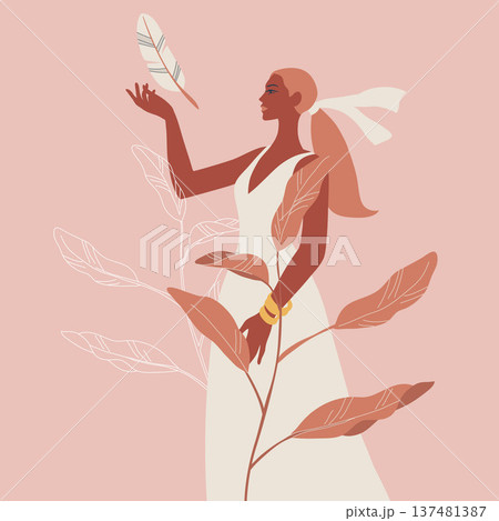 Boho sacred magic woman mystical symbol, Side view portrait female in a white dress with feathers, The nature of tropical leaves, Abstract portraits in pastel colors. Vector design. Boho sacred magic woman mystical symbol, Side view portrait female in a white dress with feathers, The nature of tropical leaves, Abstract portraits in pastel colors. Vector design. 137481387