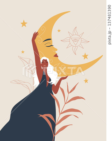 Boho sacred magic woman mystical symbol, Standing female holding the moon in a dark dress, Tropical leaf nature, Abstract image in pastel colors. Vector design illustration. 137481390