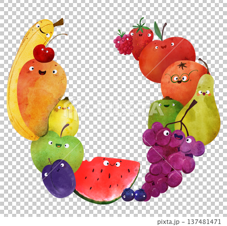 Cute fruit frame with happy faces: watermelon, banana, apple, pear, plum, kiwi, strawberry, berries, grapes. Ideal for posters, greeting cards, kids room decor, summer party, healthy food themes Cute fruit frame with happy faces: watermelon, banana, apple, pear, plum, kiwi, strawberry, berries, grapes. Ideal for posters, greeting cards, kids room decor, summer party, healthy food themes 137481471