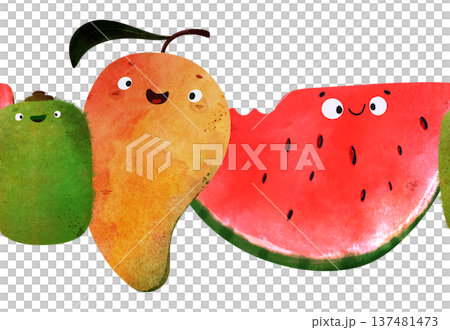 Seamless pattern with tropical fruits: happy mango, juicy watermelon slice, kiwi. Bright watercolor textures, playful faces. Perfect for baby shower, summer party, kids textiles, wallpaper, gift wrap Seamless pattern with tropical fruits: happy mango, juicy watermelon slice, kiwi. Bright watercolor textures, playful faces. Perfect for baby shower, summer party, kids textiles, wallpaper, gift wrap 137481473