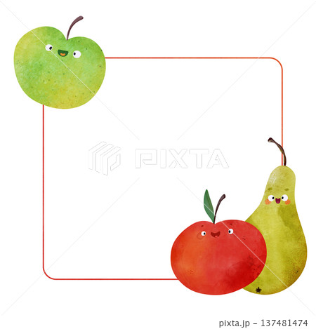 Fruit frame with happy smiling apple, red apple, green pear in children's illustration style. Ideal for kids invitations, posters, healthy food themes, summer party, menu templates, educational prints Fruit frame with happy smiling apple, red apple, green pear in children's illustration style. Ideal for kids invitations, posters, healthy food themes, summer party, menu templates, educational prints 137481474