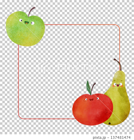 Fruit frame with happy smiling apple, red apple, green pear in children's illustration style. Ideal for kids invitations, posters, healthy food themes, summer party, menu templates, educational prints Fruit frame with happy smiling apple, red apple, green pear in children's illustration style. Ideal for kids invitations, posters, healthy food themes, summer party, menu templates, educational prints 137481474