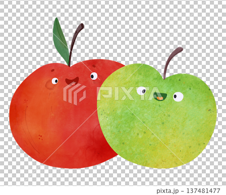 Cute fruit characters: green and red apple with eyes and smiles in children's illustration style. Ideal for posters, baby shower, healthy food themes, summer party, menu templates, educational prints Cute fruit characters: green and red apple with eyes and smiles in children's illustration style. Ideal for posters, baby shower, healthy food themes, summer party, menu templates, educational prints 137481477