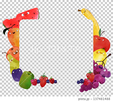 Cute fruit frame with happy faces: watermelon, banana, apple, pear, plum, kiwi, strawberry, berries, grapes. Ideal for posters, greeting cards, kids room decor, summer party, healthy food themes 137481488