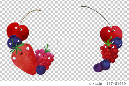 Berry border with smiling cherries, blueberries, strawberries, raspberries. Playful watercolor characters, vibrant colors. Ideal for kids invitations, posters, healthy food themes, summer party 137481489