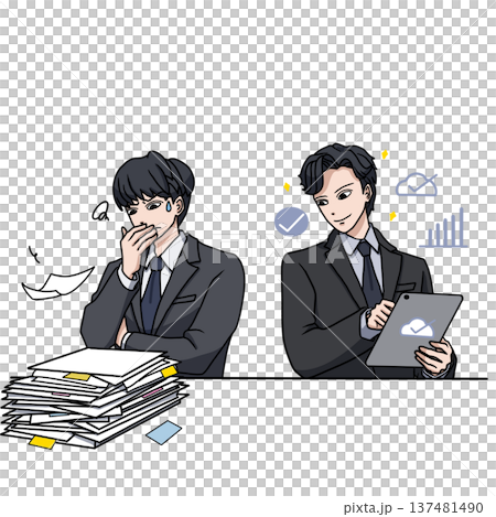 A businessman struggling with a pile of documents and a businessman using a tablet to improve efficiency 137481490