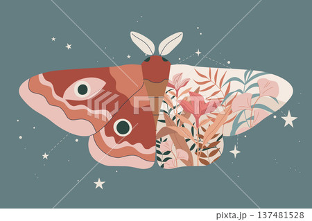 Night butterfly in boho line art style. Abstract moth and tropical leaf nature, Magic symbol and spiritual mysticism, Colorful background, Vector design illustration. Night butterfly in boho line art style. Abstract moth and tropical leaf nature, Magic symbol and spiritual mysticism, Colorful background, Vector design illustration. 137481528