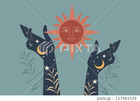 The hands of a woman casting spells, Black magic and nature of tropical leaves, Horoscopes and astrological predictions, Boho style with sun, moon and divine stars. Vector design illustration. The hands of a woman casting spells, Black magic and nature of tropical leaves, Horoscopes and astrological predictions, Boho style with sun, moon and divine stars. Vector design illustration. 137481529