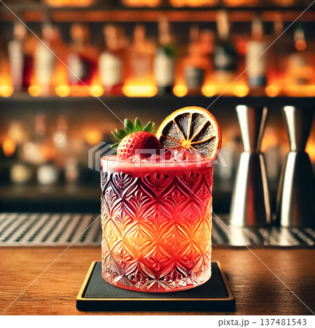 A close-up of a vibrant cocktail in a patterned glass, set on a sleek bar counter in a bright, contemporary setting. The drink displays a beautiful gradient from deep red to bright orange, topped with 137481543