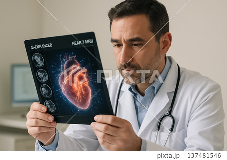 A male physician evaluates an AI-enhanced MRI scan of a heart on a digital screen. He is focused and surrounded by clinical decor in a modern medical setting. 137481546