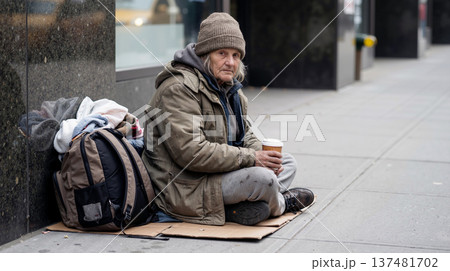 Homeless senior woman with backpack sits on cardboard on a city street 137481702