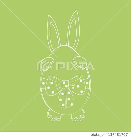 Easter Bunny hiding behind Easter Egg decorated Tied ribbon bow with polka dots. Sticker, icon Flat. Vector illustration Easter Greetings Themed cards design element, media post, blog, leaflet, banner Easter Bunny hiding behind Easter Egg decorated Tied ribbon bow with polka dots. Sticker, icon Flat. Vector illustration Easter Greetings Themed cards design element, media post, blog, leaflet, banner 137481707