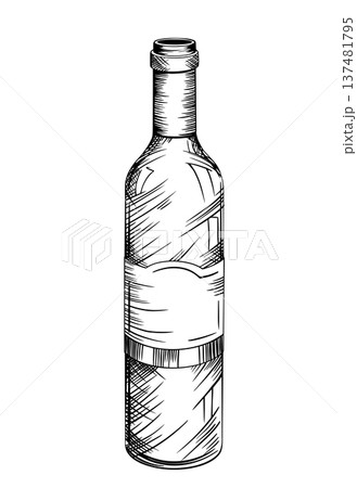 Black and white vector illustration of an open glass wine and champagne bottle, isolated. Hand-drawn in ink style. The vintage engraving style is used for wineries, special events, and restaurant 137481795