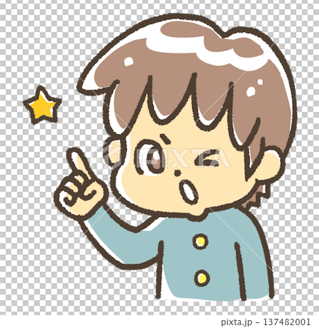 A boy in a school uniform pointing to the number 1 137482001