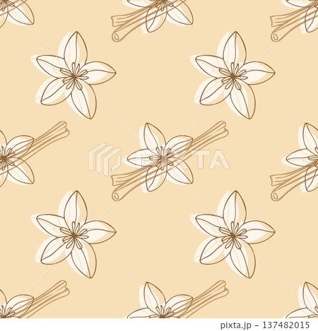 Seamless vector pattern with star anise flowers and cinnamon sticks in minimalist line art style on beige background Seamless vector pattern with star anise flowers and cinnamon sticks in minimalist line art style on beige background 137482015