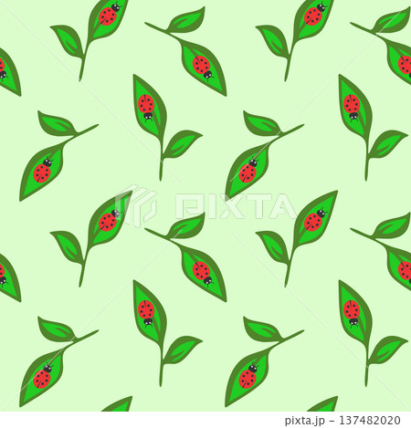 Seamless pattern with cute ladybugs on green leaves.Background for kids textile and wrapping paper. 137482020